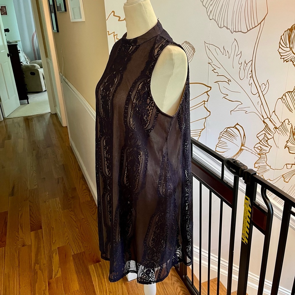 Lace-y navy shift dress with beige slip underneath, size L